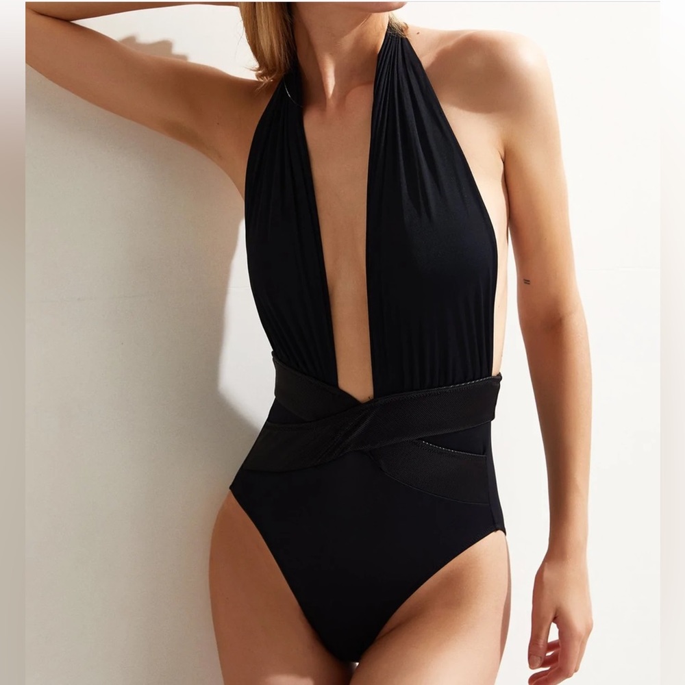 OYE Swimwear Roman Plunge-Neck One-Piece Swimsuit